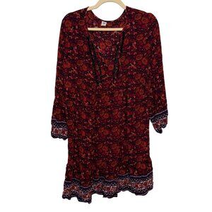 Old Navy Womens Floral Boho Tunic Dress XL Red & Black Long Sleeve